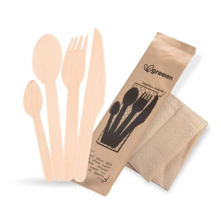 Wooden cutlery set – fork, knife, spoon, teaspoon + napkin 50 pcs