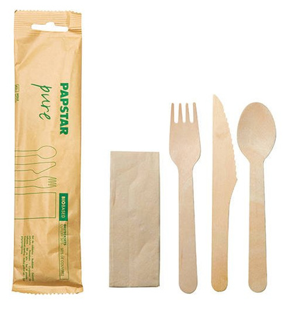 Wooden cutlery set - Fork, knife, spoon + napkin, 30 pcs.