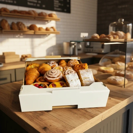 Transport carton with rim, foldable, for pastries, 32 x 21 x 8 cm, 50 pcs