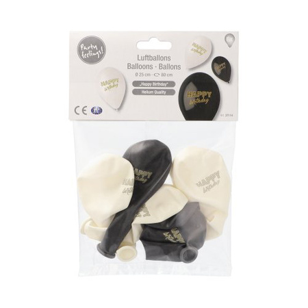 Balloons "Happy Birthday" black and white, diameter 25 cm, 6 pcs.