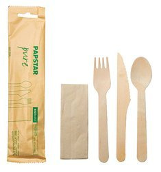Wooden cutlery set - Fork, knife, spoon + napkin, 30 pcs.