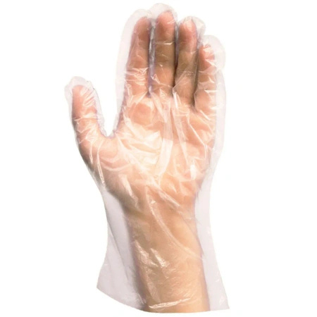 Clear hdpe disposable gloves on block, "M", 100 pcs