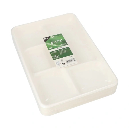 White Sugarcane Tray, 5 Compartments, 21.6 × 31.7 cm, 25 pcs