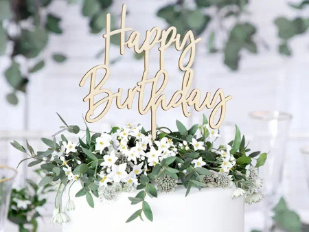 Topper drewniany na tort "Happy Birthday", 16 cm, 1 szt.