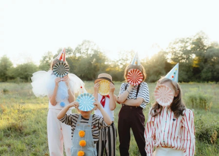 Colorful Paper Party Hats with Pom-Poms, 16 cm, 6 pcs