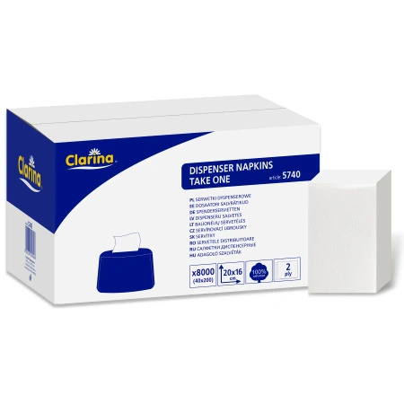 2-ply napkins, white, for dispenser, Clarina 16 x 20 cm, 8000 pcs.